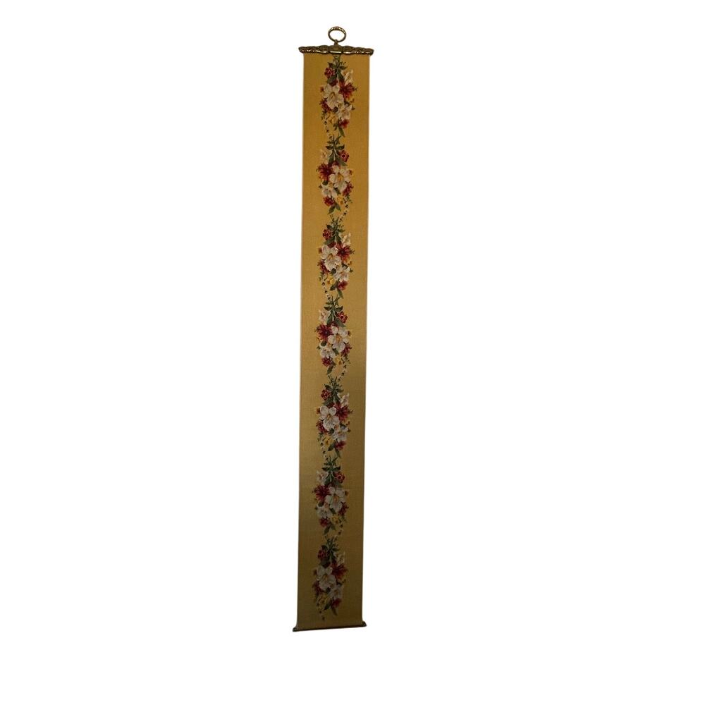 Vintage Bell Pull Brass Hardware Needlepoint Floral Yellow